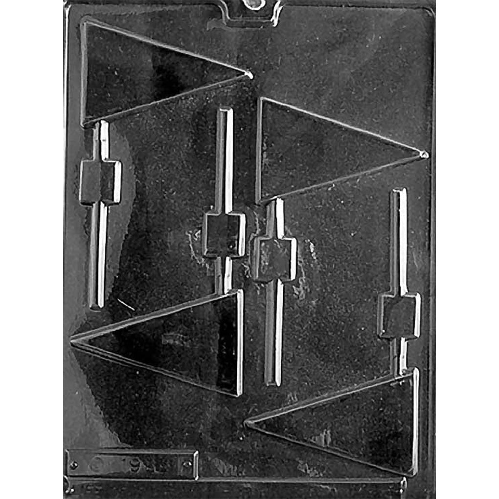 Clear chocolate lollipop mold with four smooth triangular pennant cavities and straight stick channels arranged on a dark background.