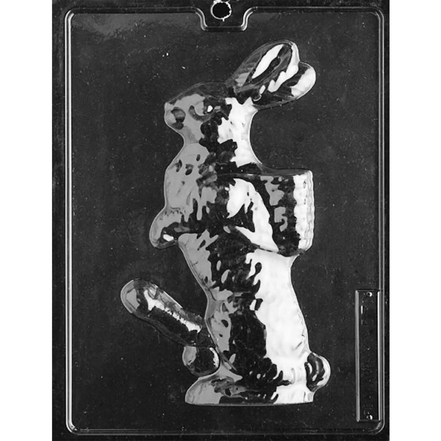 Clear Peter Peter Pumpkin Eater Chocolate Mold photographed against a black background, featuring one large standing rabbit cavity with a jacket, long ears, and exaggerated erect penis.