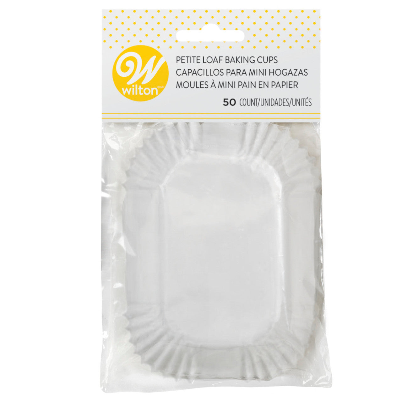 Package of Wilton white petite loaf baking cups, 50-count, in clear plastic bag with labeled header.