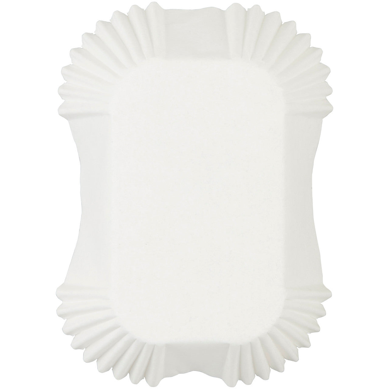 Top view of a single white petite loaf liner with pleated corners and rectangular shape.