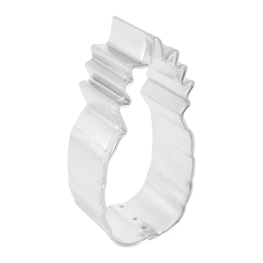 Side view of the pineapple cookie cutter, highlighting its sturdy tinplated steel material and deep shape for versatile use.