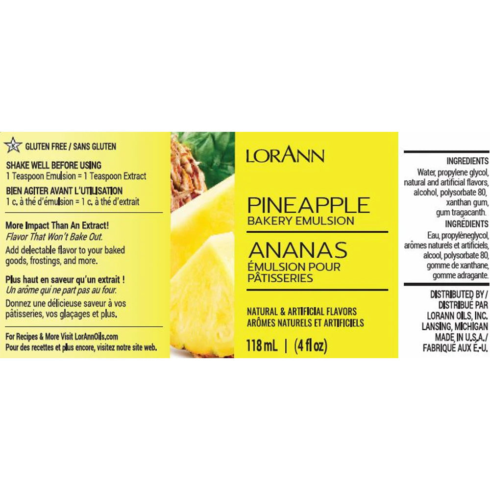 LorAnn Pineapple Bakery Emulsion label with pineapple wedge, 4 fl oz bottle, gluten-free with natural and artificial flavors.