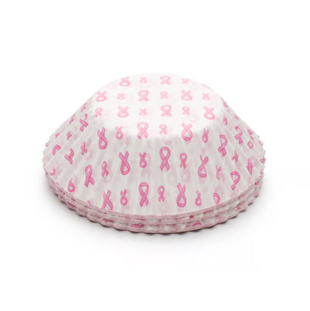 Stack of standard-size cupcake liners with pink ribbon design, 75 count, awareness-themed baking cups