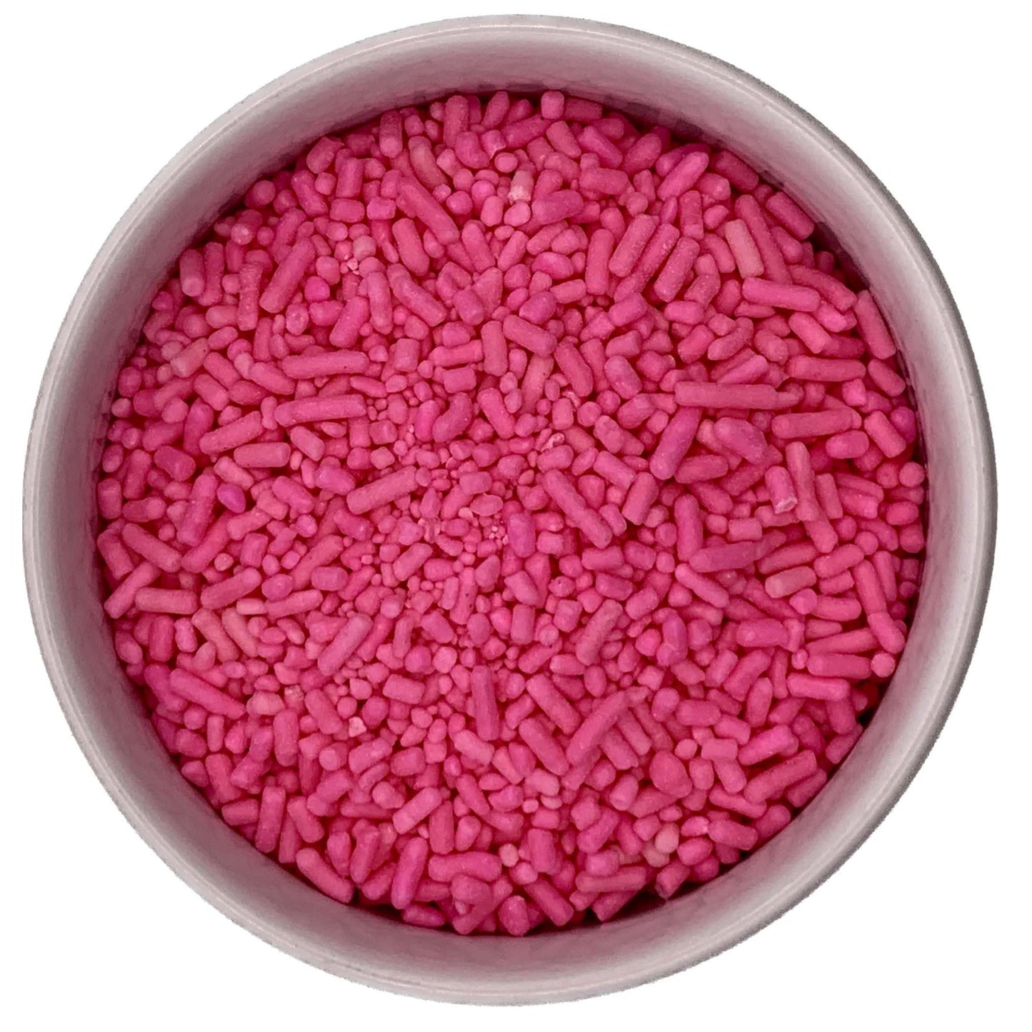 Close-up of pink jimmies and nonpareil sprinkles in a round container.