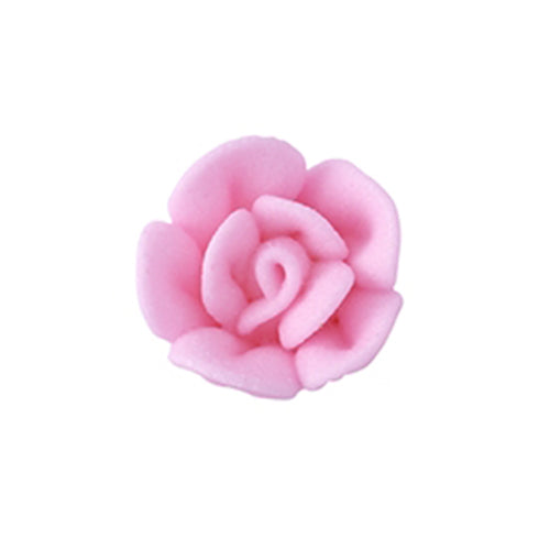Pink mini royal icing rose with layered petals, 1/2 inch in diameter