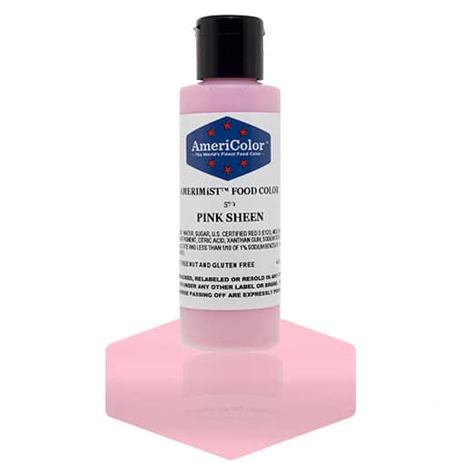 Bottle of AmeriColor Pink Sheen AmeriMist Airbrush Food Color, 4.5 oz, shown with metallic pink color swatch for dessert decorating.