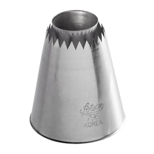 Large sultan protruding cone piping tip with a fluted opening measuring 1.23 inches, designed to pipe hollow, ridged icing shapes for decorative desserts.