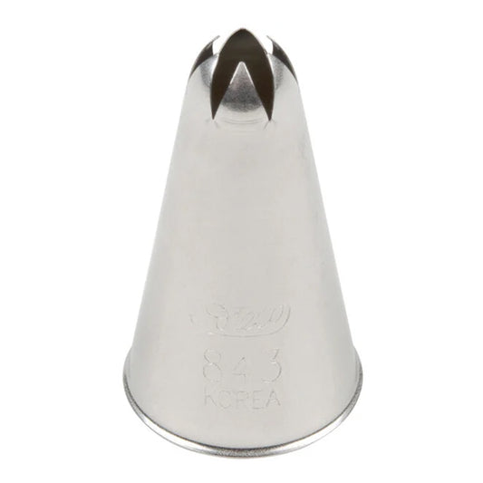 Ateco 843 closed star piping tip, cone-shaped metal nozzle with a 0.41 inch opening and inward-curved star cut for piping rosettes, shells, and flowers.