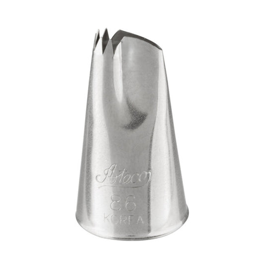 Ateco 86 ruffle piping tip, cone-shaped metal nozzle with a serrated curved opening, designed for piping ruffles, shell borders, and fluted patterns.