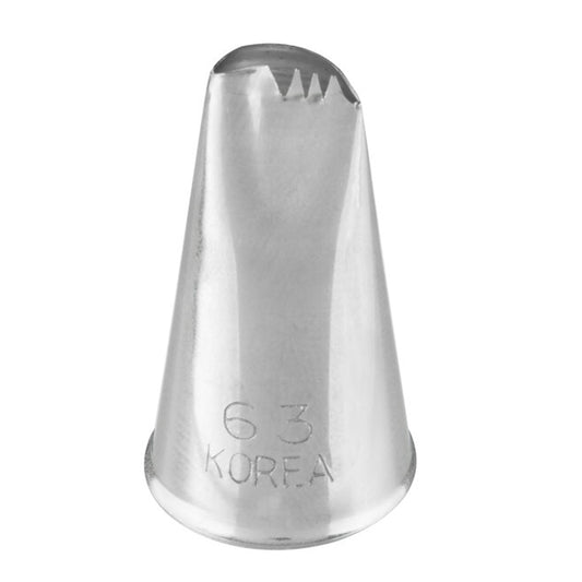 Ateco 63 curved petal piping tip, cone-shaped metal nozzle with a slightly curved opening and small serrated edge, designed for flower petals and decorative borders.