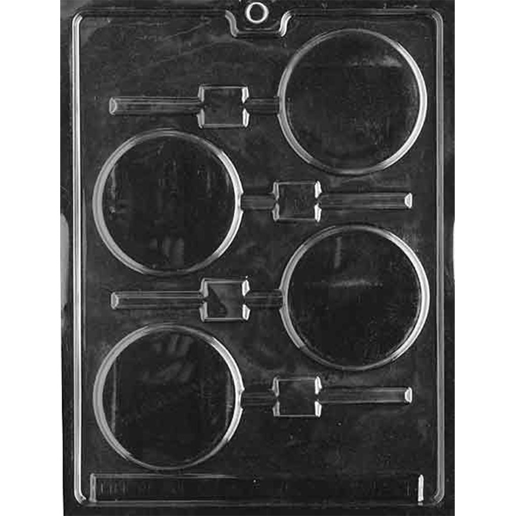 Four-cavity plain round chocolate lollipop mold with 2 7/8-inch circular cavities and alternating stick channels.