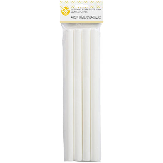 Pack of four Wilton plastic dowel rods, 12.5 inches long, in clear packaging with labeled header.