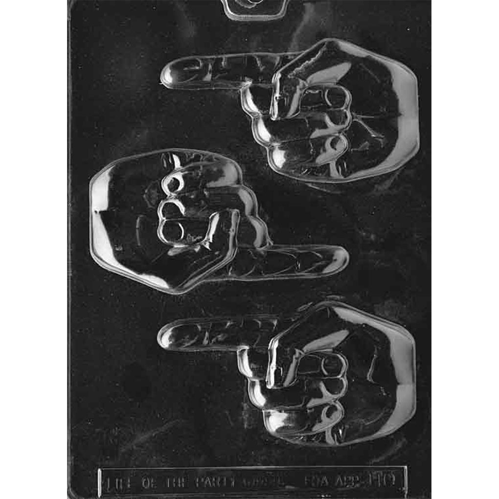 Clear plastic Pointing Right Hand Chocolate Mold with three large hand-shaped cavities arranged in alternating directions