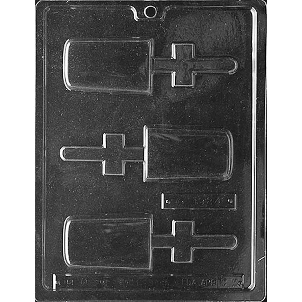 Clear plastic chocolate lollipop mold photographed against a black background, with three smooth rectangular popsicle bar cavities, rounded tops, and individual stick channels.
