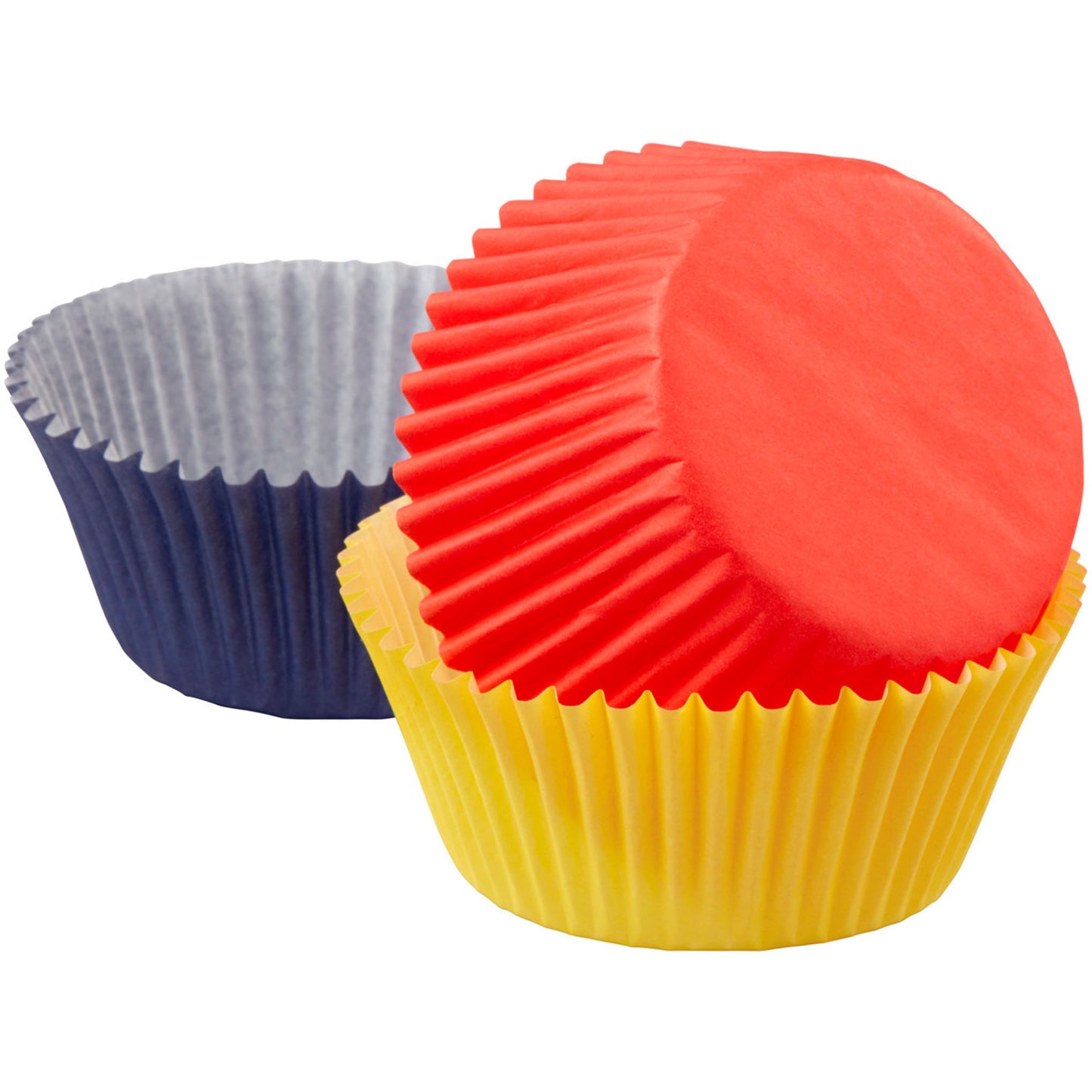 Red, yellow, and navy blue baking cups stacked together on a white background