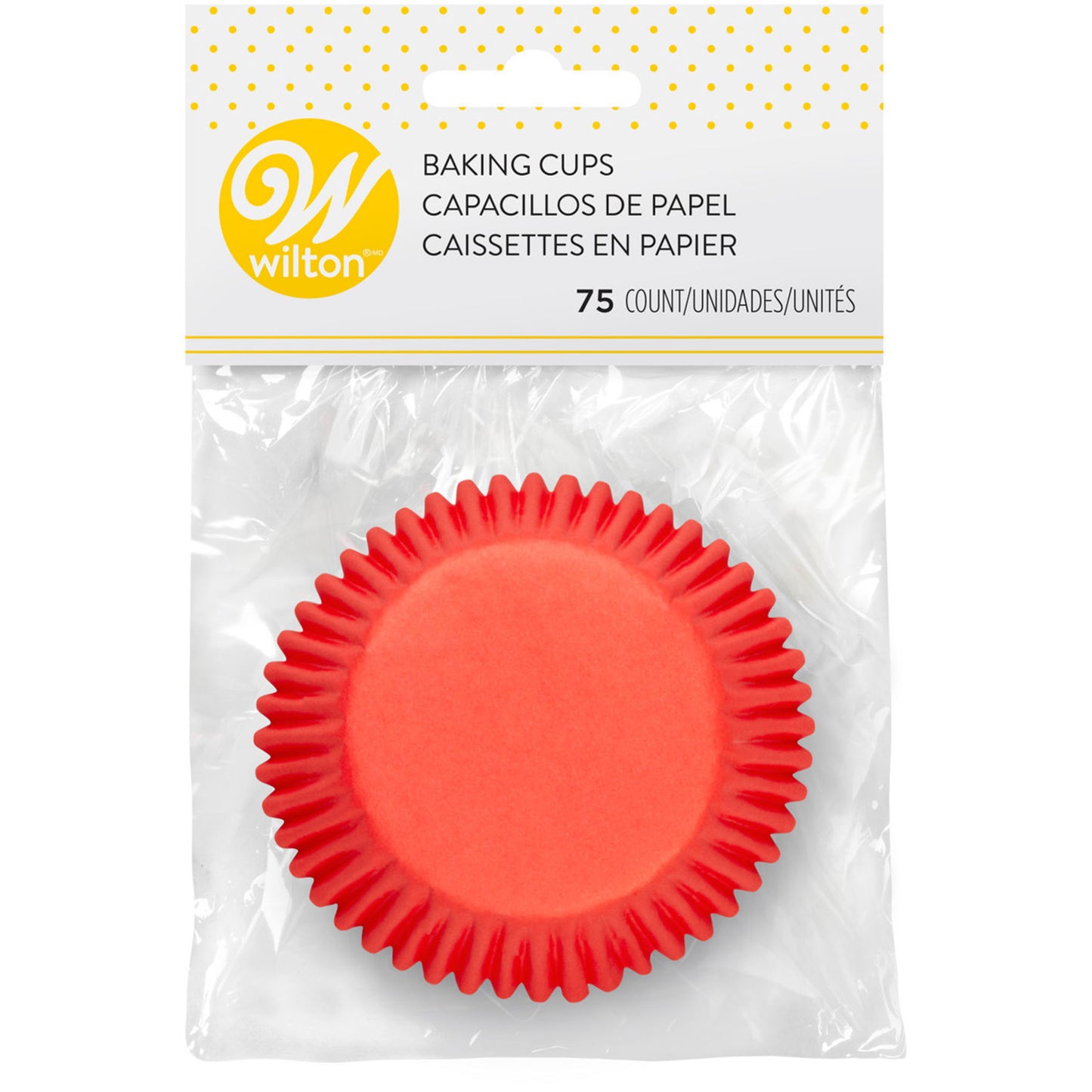 Package of Wilton baking cups with 75 count label and red liner visible through packaging