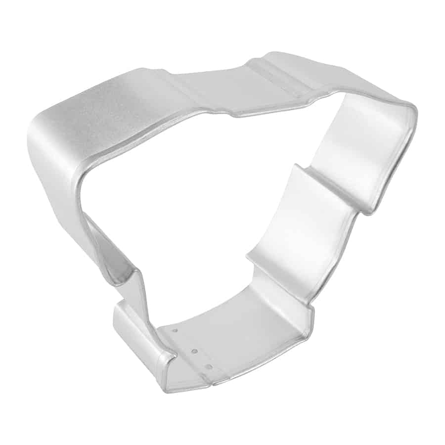 Side-angle view of the metal pug face cookie cutter, showing depth and definition.