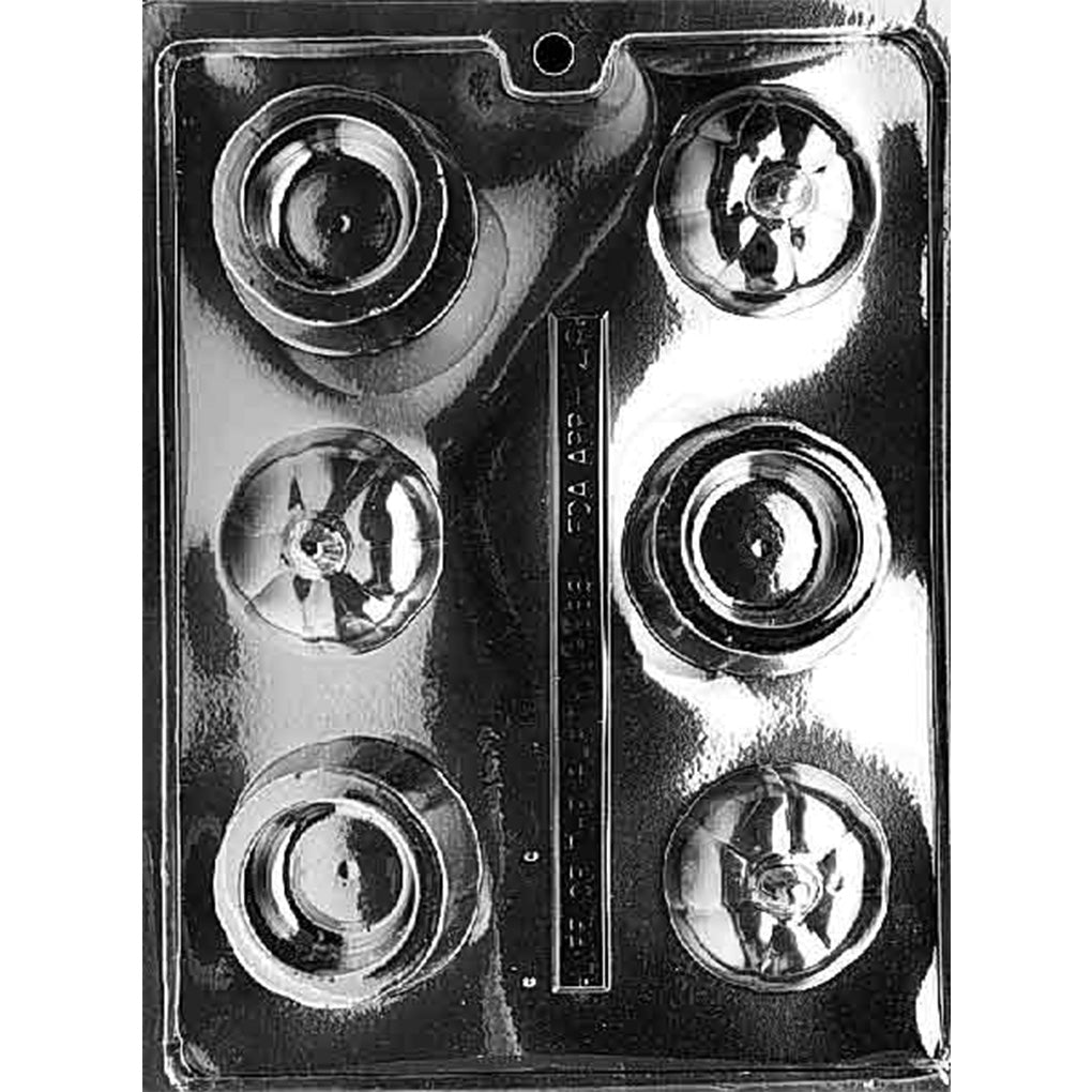 Pumpkin pour box chocolate mold with six round cavities for making three pumpkin-shaped chocolate boxes with lids and bottoms