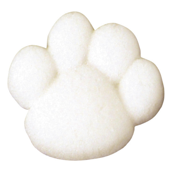 White edible sugar paw print decoration shaped like a cartoon-style dog paw.