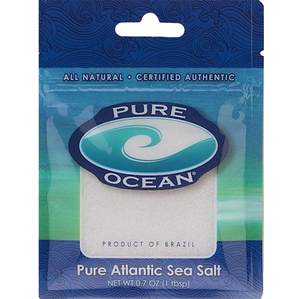 Pure Ocean sea salt pouch with blue and teal wave design, white label area, and “Pure Atlantic Sea Salt” text on the front.