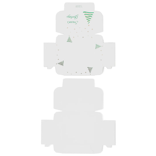 Flat layout of white Christmas tree candy box with green tree graphics and gold stars, ready for folding.