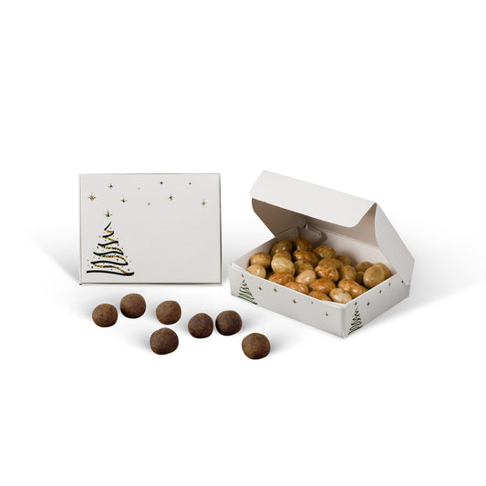 Assembled white candy box with green and gold Christmas tree design, filled with assorted round candies.