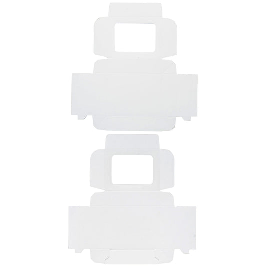 Flat layout of white candy box with window before assembly, showing quick-fold design for easy setup.