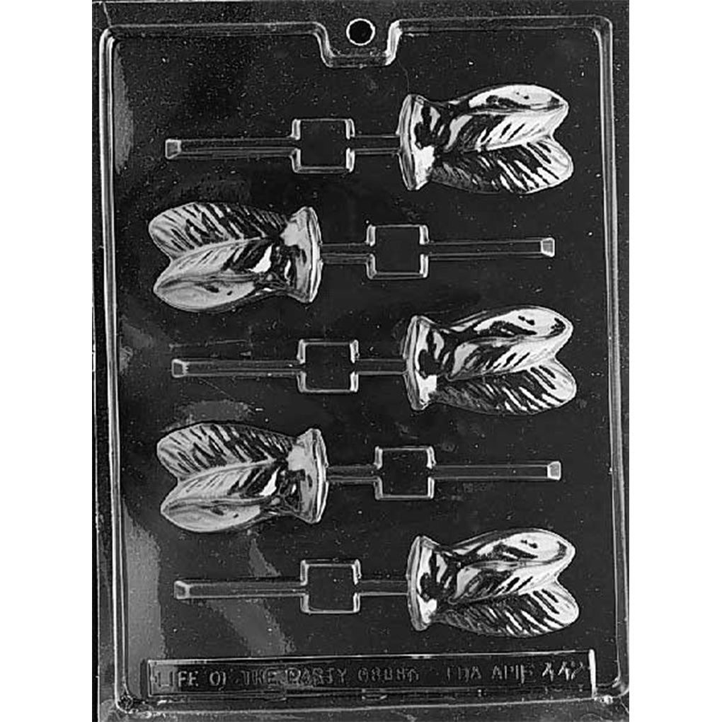 clear plastic chocolate lollipop mold with five cavities shaped like pairs of rabbit ears, textured inner-ear details, and individual stick channels.