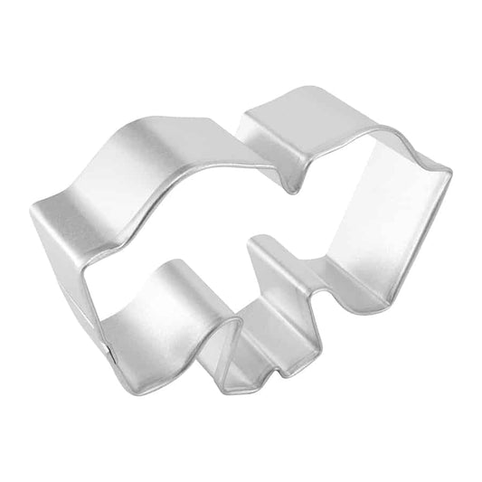 Angled side view of checkered flag cookie cutter, showing depth and curves.
