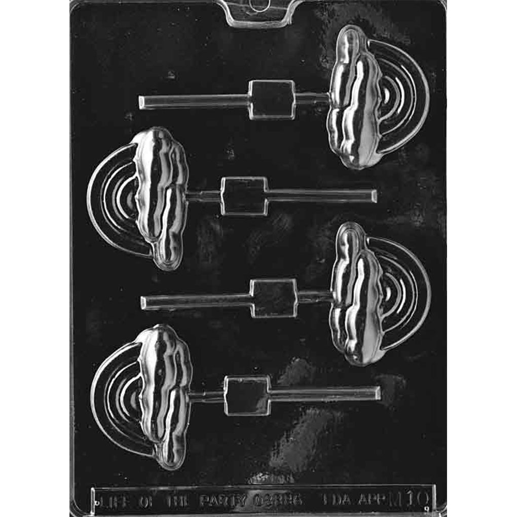 Clear plastic rainbow and cloud chocolate lollipop mold with four 2 1/2 x 1 7/8 x 1/2-inch cavities featuring layered rainbow arcs and puffy clouds.
