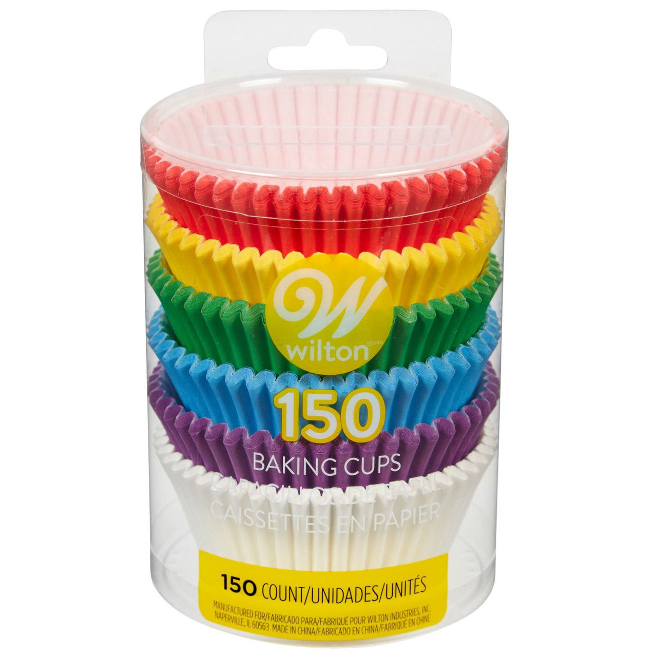 Clear container of Wilton rainbow baking cups, labeled 150 count with visible colorful liners inside.