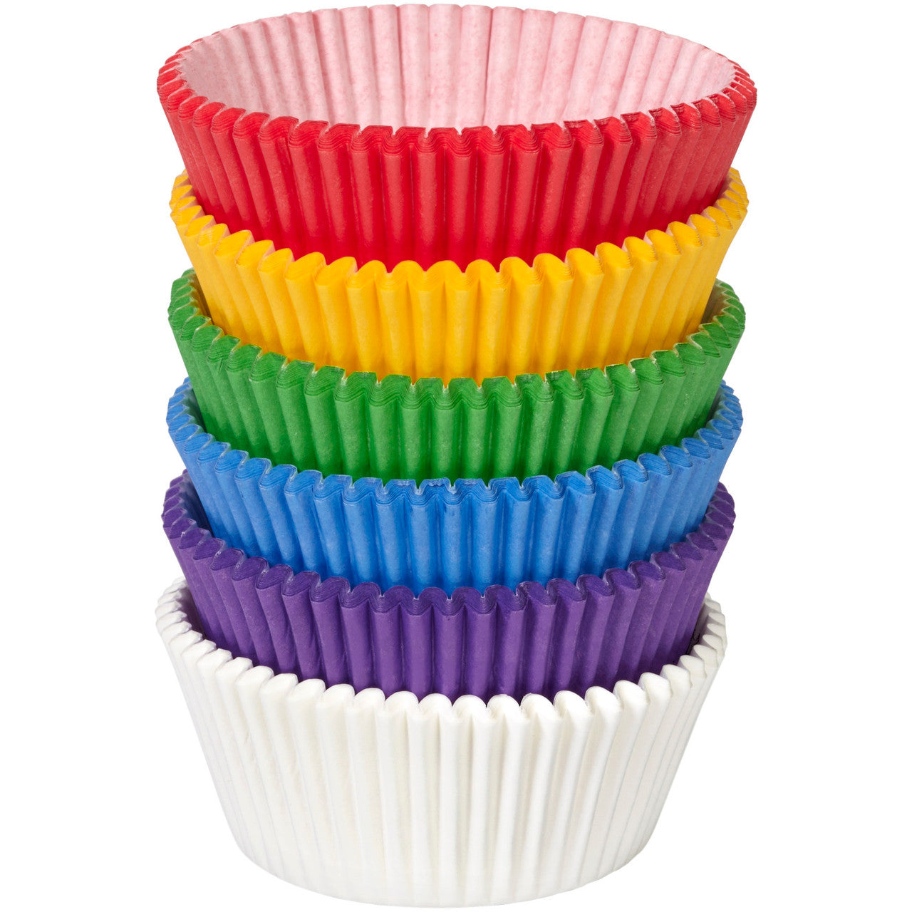 Stack of rainbow-colored standard baking cups in red, yellow, green, blue, purple, and white.