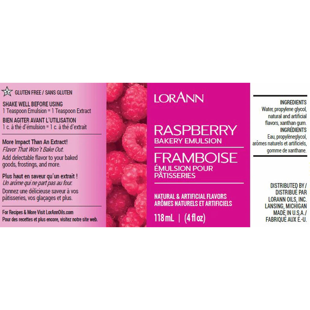 LorAnn Raspberry Bakery Emulsion label with fresh raspberries, 4 fl oz, gluten-free with natural and artificial flavors.