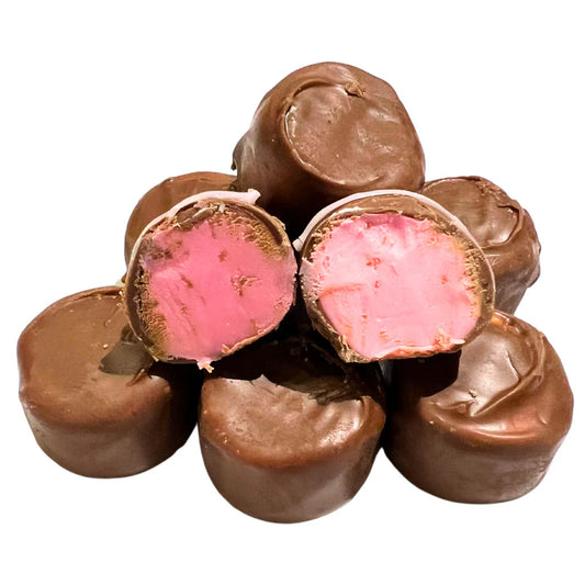 Chocolate-coated raspberry super cream candy centers, with one cut open to show pink filling.