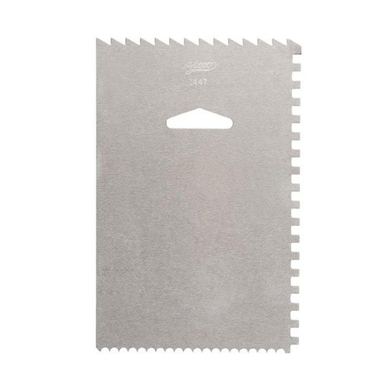 Aluminum icing comb and smoother with multiple serrated edges and smooth side, 3.8" x 6", for cake decorating and frosting designs