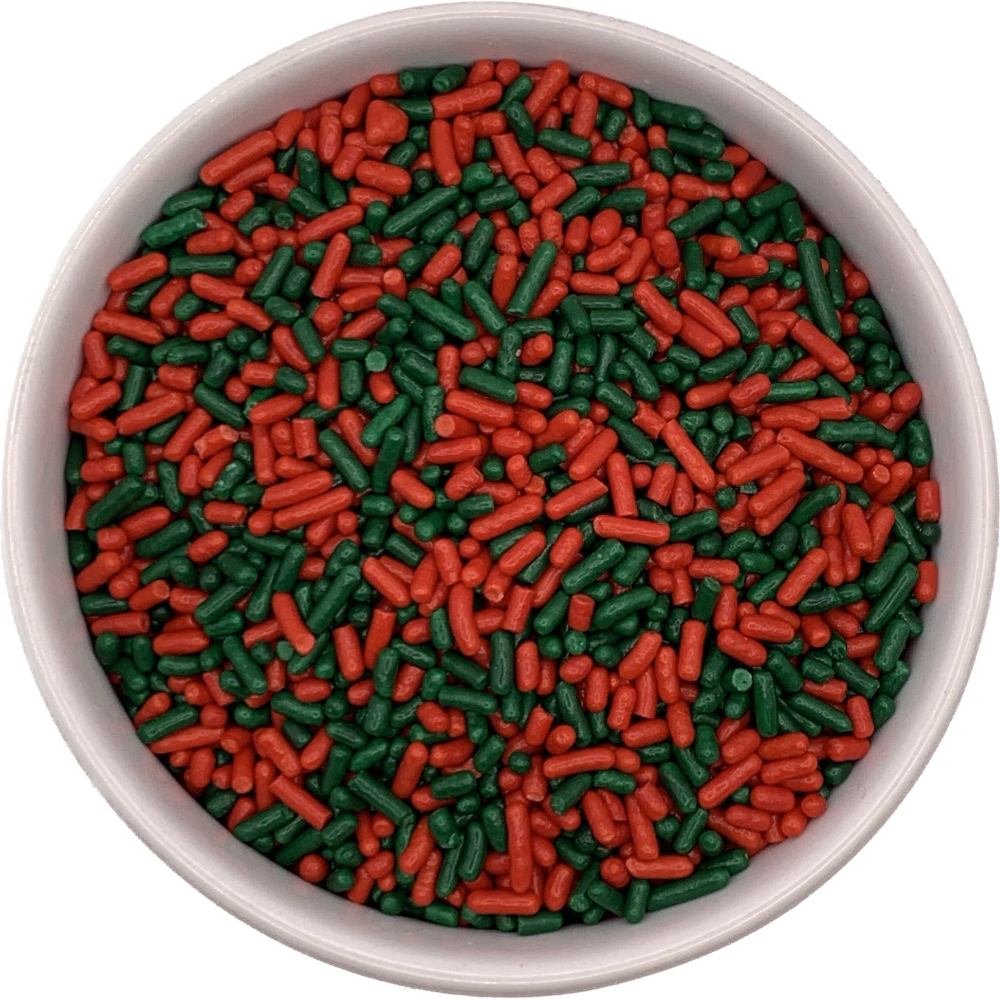 Red and green Christmas jimmies in a white bowl, festive holiday sprinkle blend for decorating cookies, cupcakes, and holiday desserts.