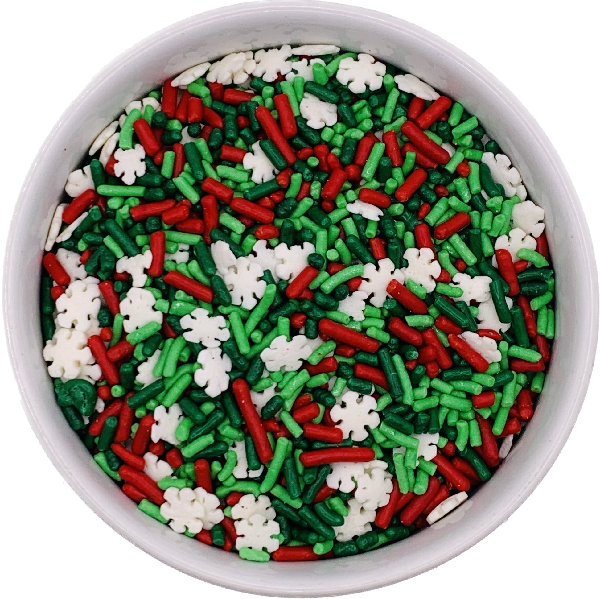 Holiday sprinkle mix with red and green jimmies and white snowflake shapes in a bowl, perfect for decorating Christmas cookies and festive desserts.