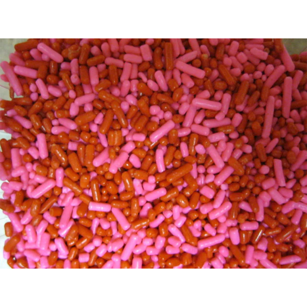 Pink and red jimmies sprinkles in a 4 oz package, ideal for decorating cupcakes, cookies, and seasonal desserts