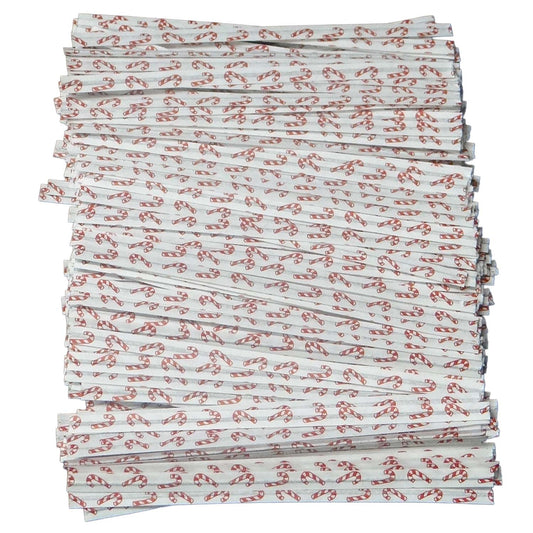 Stack of 100 paper twist ties with red-and-white candy cane print, ideal for holiday treat bags or festive packaging.