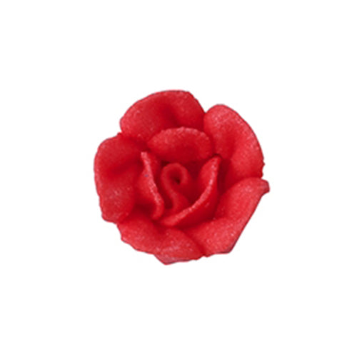 Red mini royal icing rose with detailed petal design, 1/2 inch in diameter