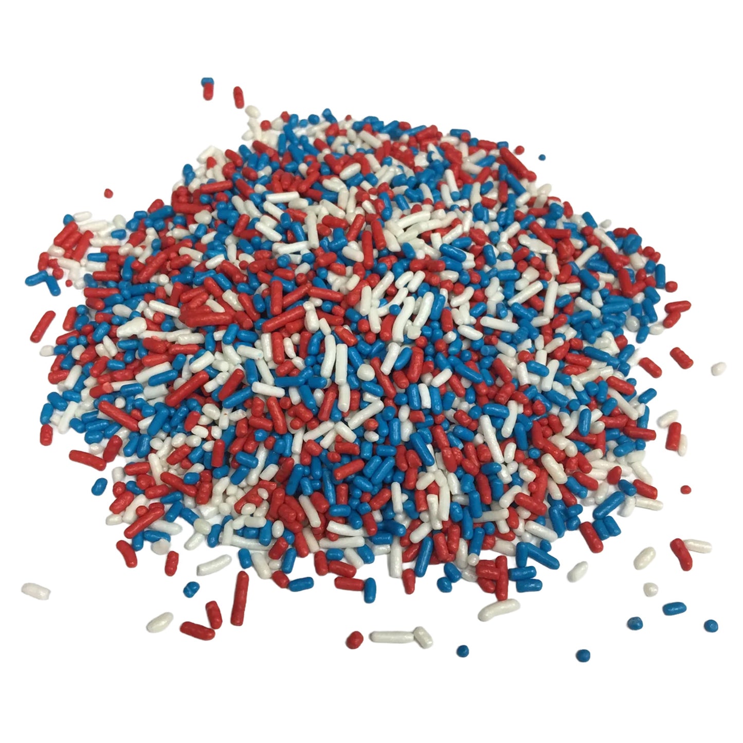 Pile of red, white, and blue jimmies sprinkles scattered on a white background, shown as a patriotic sprinkle mix.