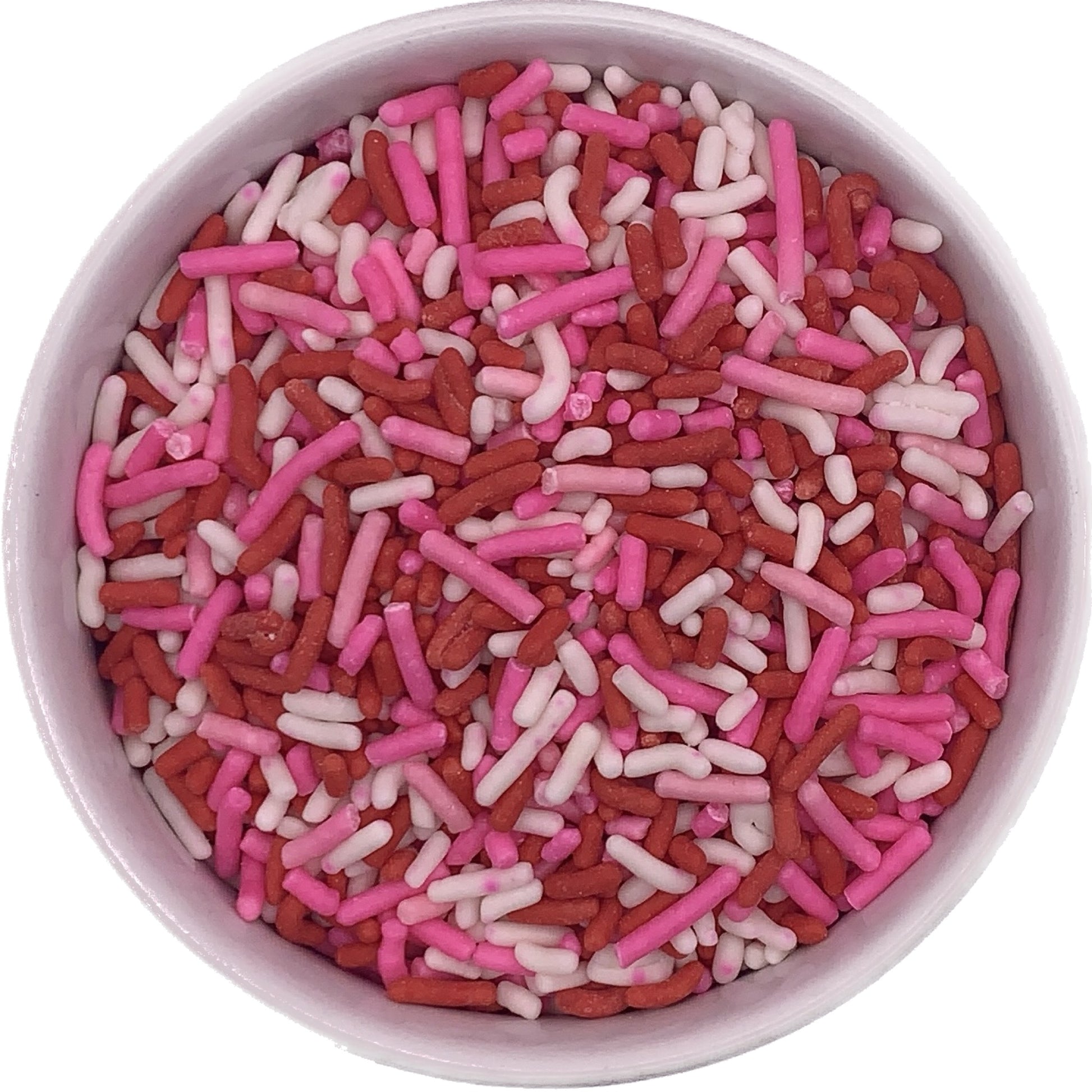 Bowl of red, pink, and white jimmies perfect for Valentine’s Day dessert decorating, sold in a 4 oz container.