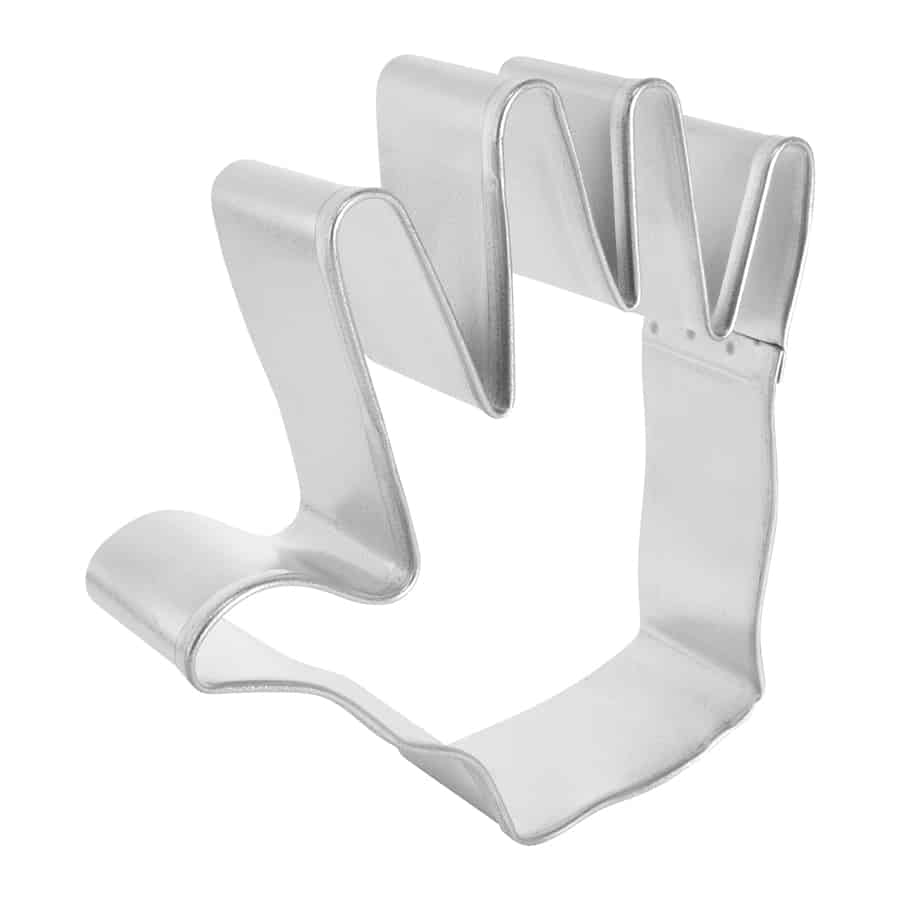 Angled side view of a right-hand cookie cutter, showing its five distinct fingers and durable metal construction. The cutter is positioned to highlight its depth and structural details.