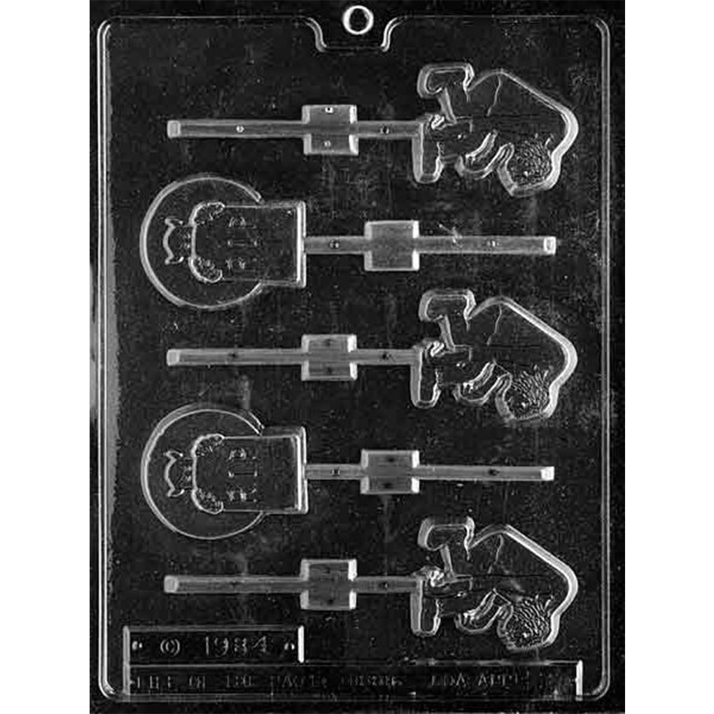 Five-cavity RIP gravestone and hunchback chocolate lollipop mold with three figures, two tombstones, and built-in stick channels