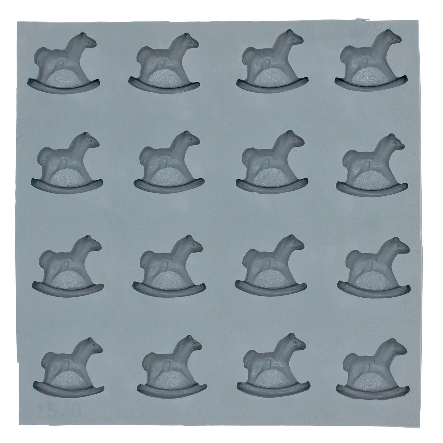 Full sheet of 20 rocking horse-shaped cavities in a natural rubber mold used for creating baby-themed treats like mints, chocolates, or fondant shapes.
