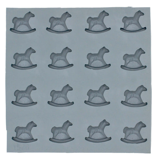 Full sheet of 20 rocking horse-shaped cavities in a natural rubber mold used for creating baby-themed treats like mints, chocolates, or fondant shapes.