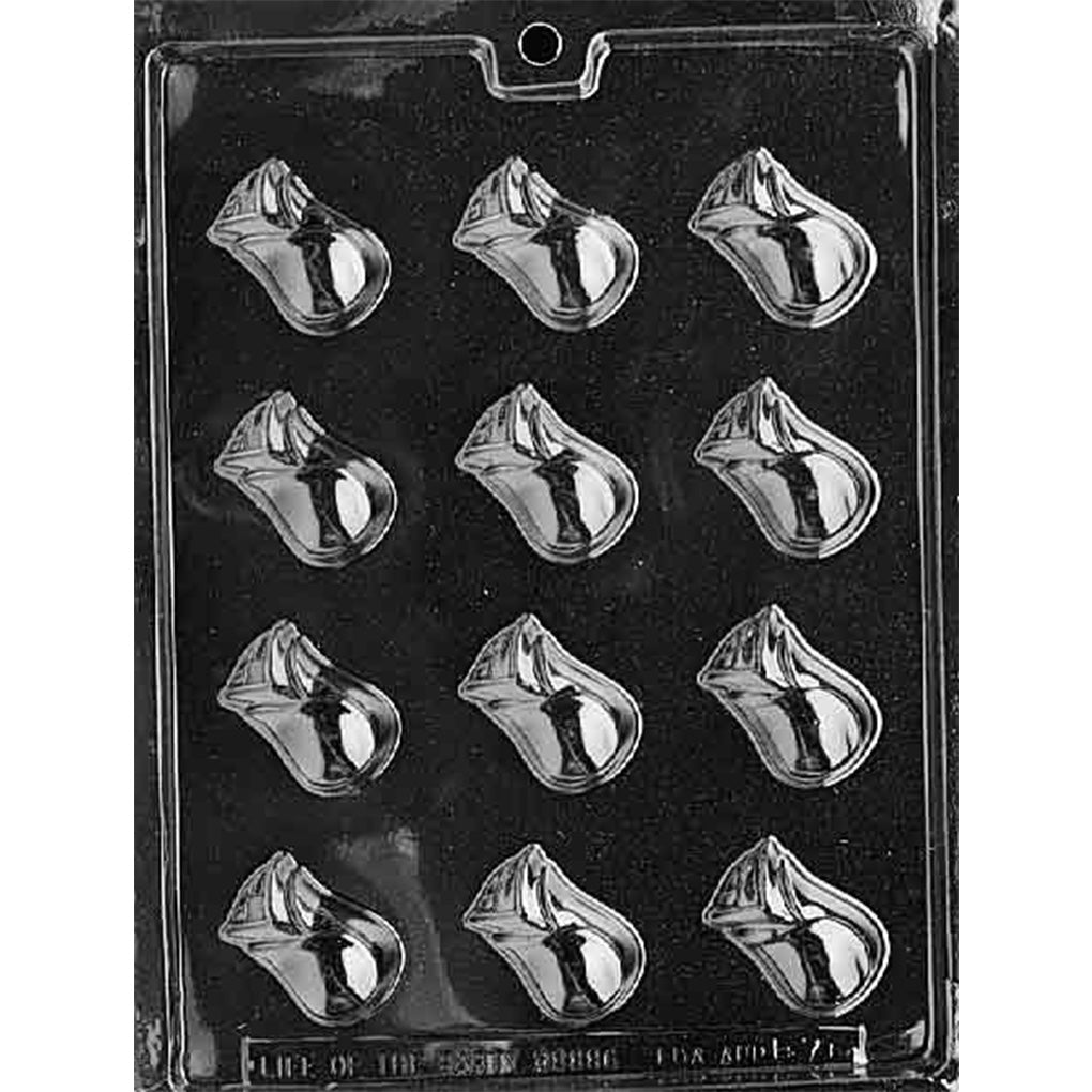 Clear chocolate mold with 12 small rose bud-shaped cavities arranged in rows, each featuring a closed flower shape with folded petals.