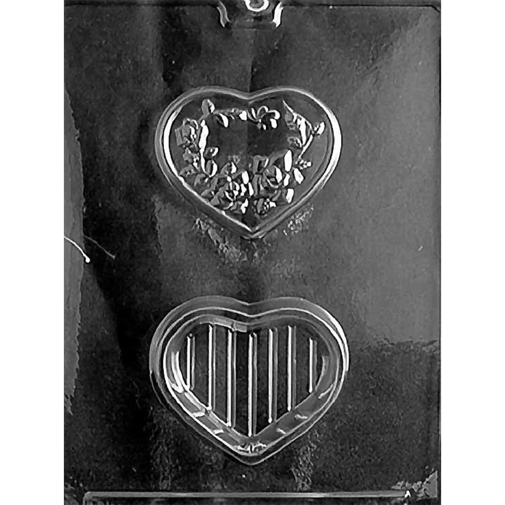 Two-cavity rose heart pour box chocolate mold with a floral heart-shaped lid and deep heart-shaped container base