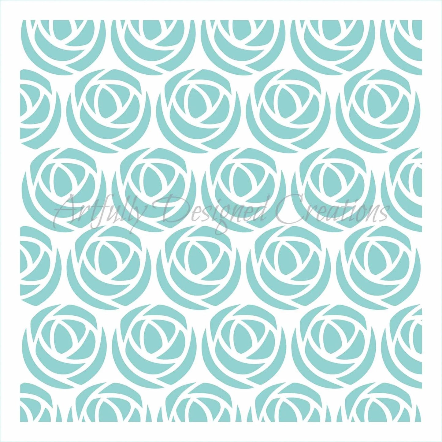 Rose pattern cake and cookie stencil made from food-grade plastic, featuring a repeating floral design in a 5.5-inch square layout.