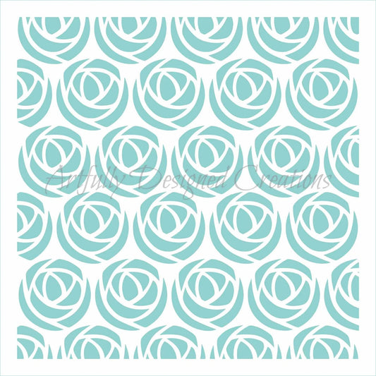 Rose pattern cake and cookie stencil made from food-grade plastic, featuring a repeating floral design in a 5.5-inch square layout.